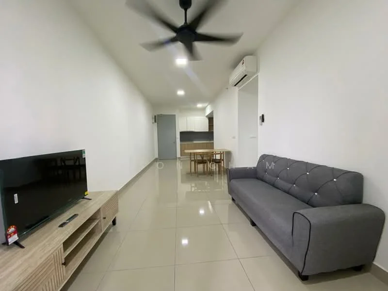 Living features: grey fabric 3-seater sofa, wooden TV console, wall-mounted TV, ceiling fan with light, recessed LED downlights, glossy tile flooring, air conditioning unit, dining table with chairs in background; style: modern.