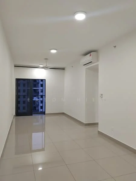 Room features: white painted walls, glossy ceramic tile flooring, recessed downlights, 1 wall-mounted split AC, 5-blade ceiling fan, sliding glass door, floor-to-ceiling windows; style: modern; view: city.