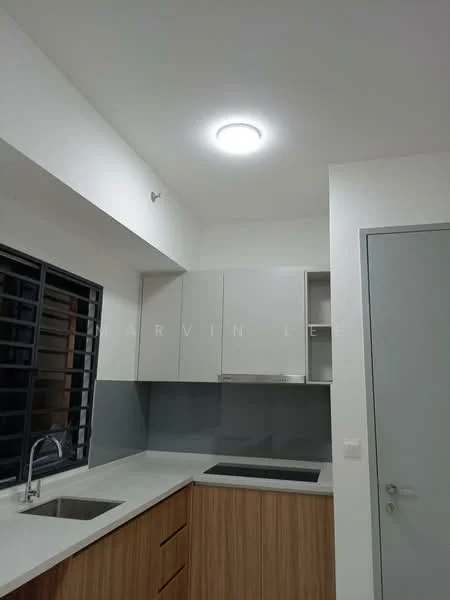 Kitchen features: white painted walls, grey backsplash, light wood cabinetry, white countertop, stainless-steel sink, built-in cooktop, recessed ceiling light, window with black grille, door to adjacent room; style: modern.
