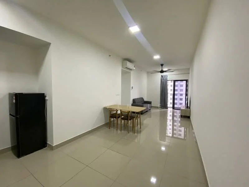 Living features: white painted walls, glossy ceramic tile flooring, 5-blade ceiling fan with light, floor-to-ceiling windows, sliding glass door, grey fabric sofa, wooden dining table with 4 chairs, black refrigerator, curtains, natural light from windows; style: modern; view: city.