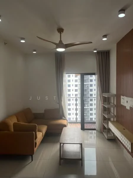 Living features: 3-seater fabric sofa in orange, wooden coffee table, floor-to-ceiling windows, sliding glass door, curtains, ceiling fan with light, recessed LED downlights, glossy tile flooring, wall-mounted shelving unit, decorative wall paneling; style: modern; view: city.