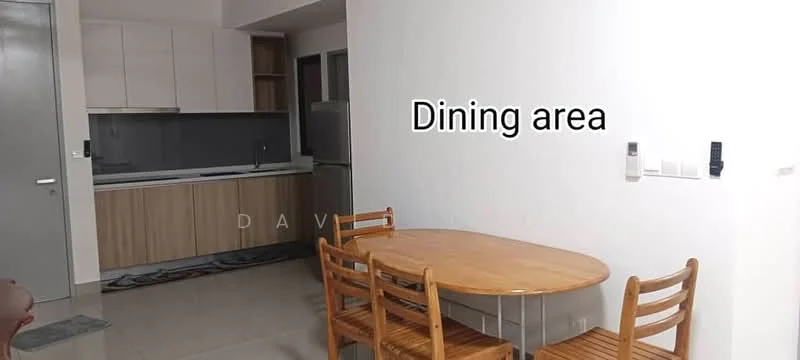 Dining features: round wooden dining table, 4 wooden dining chairs, white painted walls, tile flooring, kitchen cabinetry in light wood, grey countertop, stainless-steel fridge, open layout to kitchen; style: modern. Kitchen features: kitchen cabinetry in light wood, grey countertop, stainless-steel fridge, built-in oven, sink, open layout to dining area; style: modern.