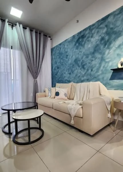 Living features: beige fabric sofa, two round coffee tables with black metal frames, light-colored throw blanket on sofa, decorative cushions on sofa, blue accent wall with textured finish, grey sheer curtains, tiled flooring, wall-mounted shelf; style: modern.
