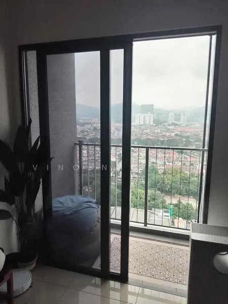 Room features: sliding glass door, balcony with railing, city view, outdoor rug, bean bag chair, indoor plant, air conditioning unit; style: modern; view: city.