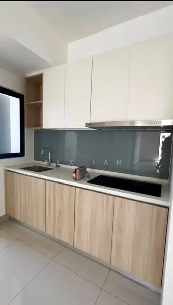 Kitchen features: white cabinetry with flat-panel design, wooden lower cabinets, grey glass backsplash, stainless-steel sink, chrome pull-down faucet, built-in stove, countertop with integrated cooktop, tile flooring; style: modern.