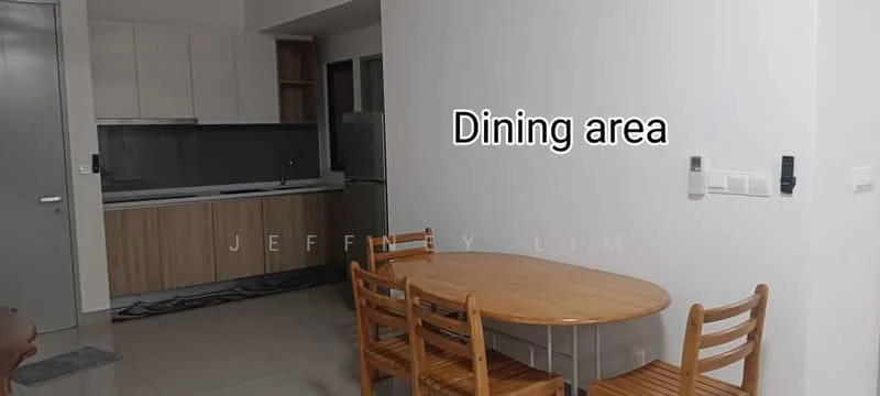 Dining features: round wooden dining table, 4 wooden dining chairs, white painted walls, tile flooring, recessed downlights, open layout to kitchen, window with view to kitchen, decorative rug; style: modern. Kitchen features: white cabinetry, grey countertop, built-in oven, stainless-steel sink, chrome faucet, glass backsplash, open shelving, tile flooring; style: modern.