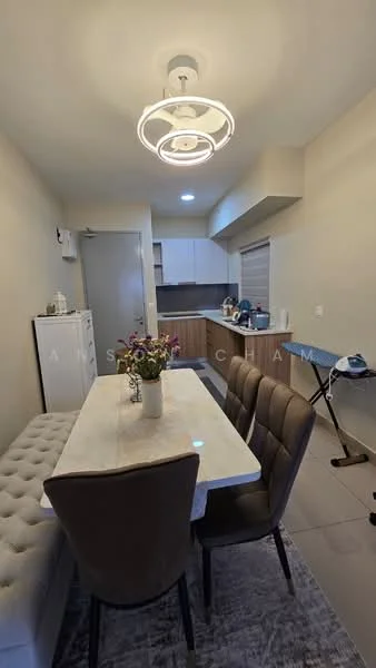 Dining features: 6-seater dining table with marble top, upholstered dining chairs, pendant light fixture, grey area rug, cream painted walls, tile flooring, built-in cabinetry, kitchen area visible in background; style: modern.