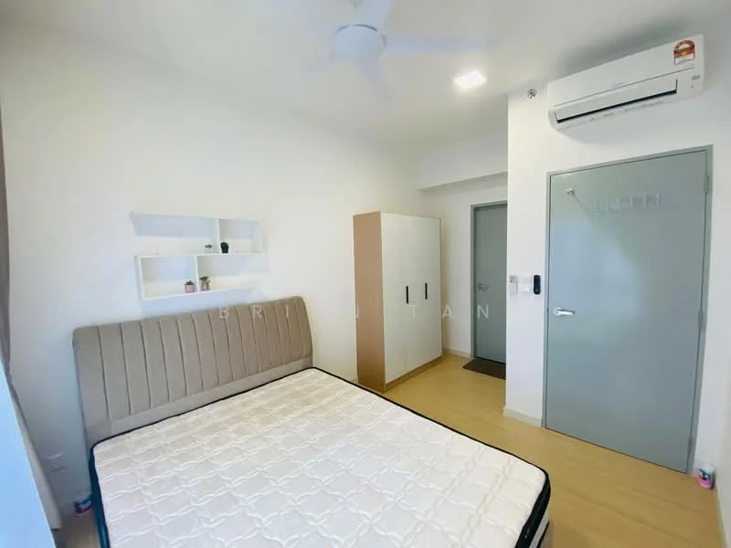 Bedroom features: queen-size bed, upholstered headboard, 1 wall-mounted split AC, light wood flooring, white painted walls, ceiling fan, built-in wardrobe, shelf unit on wall; style: modern.