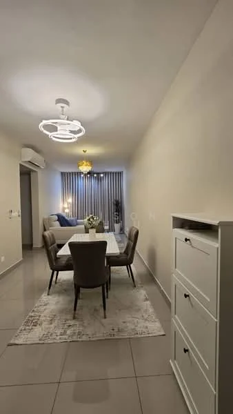 Dining features: white dining table, 4 upholstered dining chairs in grey, area rug with geometric pattern, chandelier light fixture, recessed ceiling lights, cream painted walls, grey tile flooring, floor-to-ceiling windows with sheer curtains, decorative plant in pot, sideboard cabinet with drawers; style: modern.