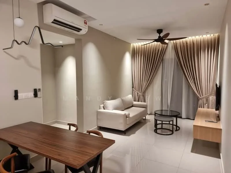 Living features: 3-seater fabric sofa in light grey, round coffee table, wall-mounted TV, TV console in light wood, 5-blade ceiling fan with light, recessed downlights, floor-to-ceiling windows with sheer curtains, cream painted walls, glossy tile flooring, air conditioning unit on wall; style: modern. Dining features: wooden dining table, 4 dining chairs, decorative wall light, cream painted walls, glossy tile flooring; style: modern.