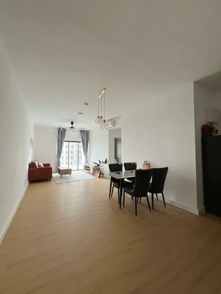 Living features: light wood flooring, white painted walls, 5-blade ceiling fan with light, sofa in brown fabric, area rug, floor-to-ceiling windows, curtains in grey, coffee table, TV console, decorative plants; style: modern; view: city. Dining features: dining table for 4, black upholstered dining chairs, pendant light fixture, decorative centerpiece; style: modern.