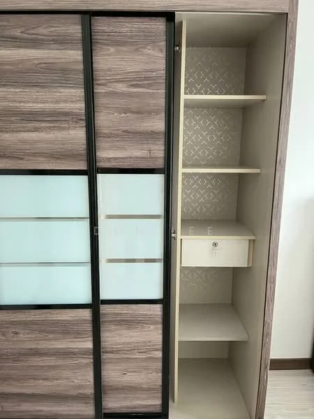 Room features: sliding wardrobe doors, wooden finish, glass panel inserts, open shelving, decorative backing with pattern, small drawer, neutral color scheme, built-in storage; style: modern.