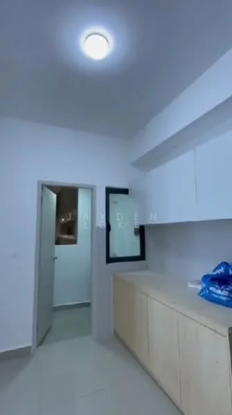 Room features: white painted walls, light grey tiled flooring, ceiling light fixture, built-in cabinetry with light wood finish, window with black frame, door leading to another room; style: modern.