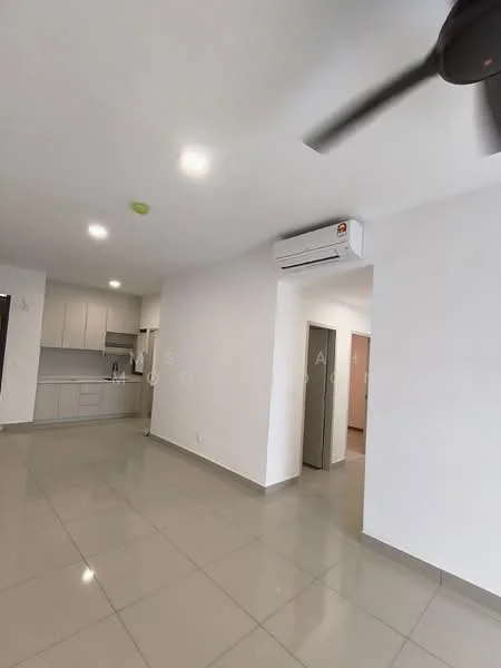 Living features: white painted walls, grey tiled flooring, 5-blade ceiling fan, wall-mounted split AC, recessed downlights, open layout, doorway leading to other rooms, kitchen area visible in background; style: modern.