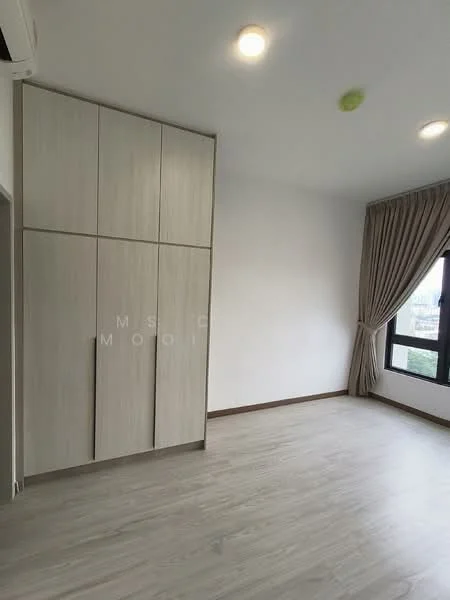 Bedroom features: light wood laminate flooring, white painted walls, built-in wardrobe with sliding doors, floor-to-ceiling windows, curtains, recessed ceiling lights, air conditioning unit; style: modern.