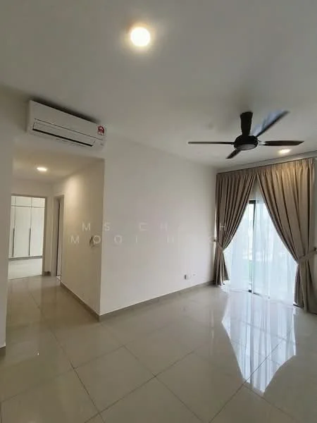 Living features: white painted walls, glossy ceramic tile flooring, 5-blade ceiling fan with light, wall-mounted split AC, floor-to-ceiling sliding glass door, sheer curtains, recessed downlights, neutral color scheme; style: modern; view: garden. Room features: white painted walls, glossy ceramic tile flooring, recessed downlights.