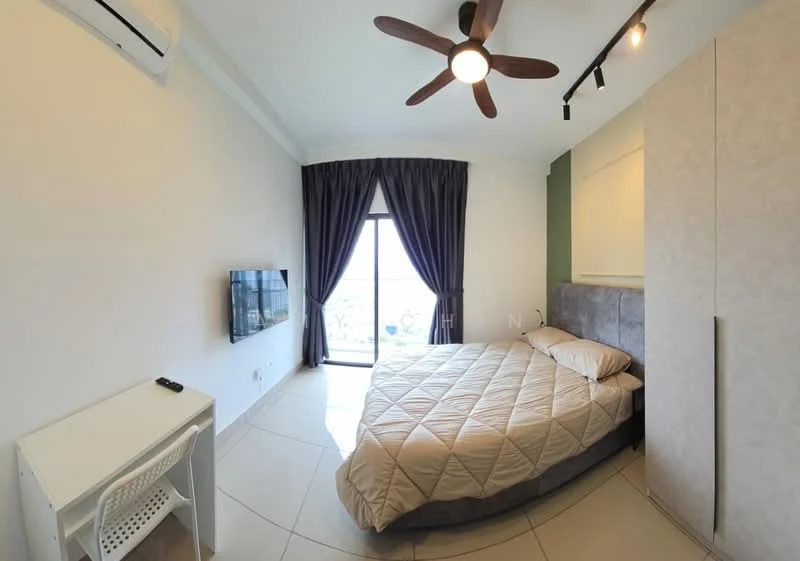 Bedroom features: king-size bed with quilted cover, upholstered headboard, wall-mounted TV, white desk with chair, floor-to-ceiling window, curtains in dark grey, ceiling fan with 5 blades, light-colored walls, tile flooring, built-in wardrobe with sliding doors; style: modern; view: city.