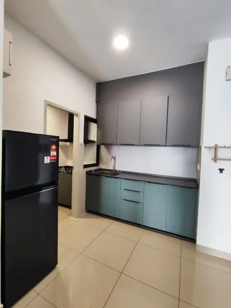 Kitchen features: black refrigerator, grey upper cabinets, green lower cabinets, black countertop, white backsplash, single-bowl stainless-steel sink, chrome pull-down faucet, tile flooring, recessed ceiling lights, open shelving, wall-mounted storage, neutral wall color; style: modern.