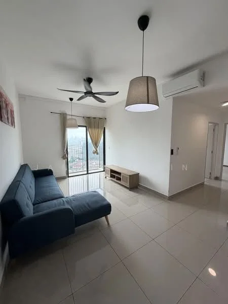 Living features: 3-seater fabric sofa in blue, ceiling fan with light, pendant lamp, floor-to-ceiling window, curtains, wall-mounted TV console, flat-screen TV, glossy tile flooring, white painted walls, air conditioning unit; style: modern; view: city.