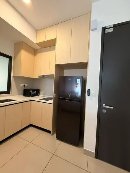 Kitchen features: light wood cabinetry, black refrigerator, built-in oven, ceramic cooktop, white countertop, single-bowl stainless-steel sink, window above sink, tile flooring, modern faucet, wall-mounted range hood; style: modern.