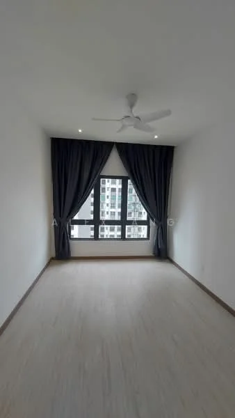 Bedroom features: light wood flooring, white painted walls, 5-blade ceiling fan with light, floor-to-ceiling window, blackout curtains, natural light, neutral decor; style: modern; view: city.