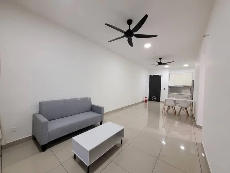 Living features: grey fabric 3-seater sofa, white coffee table, 2 ceiling fans, recessed downlights, glossy tile flooring, white painted walls, open layout to kitchen, dining area with table and chairs; style: modern.