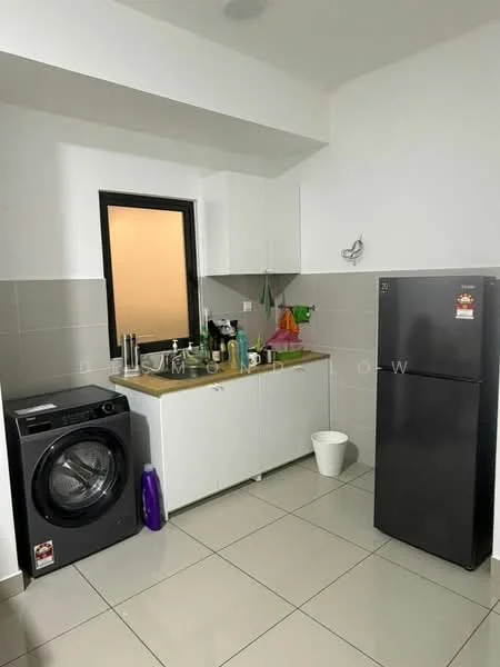 Laundry features: front-load washing machine, black refrigerator, white cabinetry, grey tiled backsplash, white walls, tile flooring, single waste bin, countertop with various bottles and containers; style: modern.