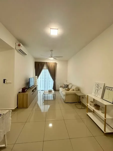 Living features: cream painted walls, glossy tile flooring, 5-blade ceiling fan with light, wall-mounted TV, wooden TV console, beige fabric sofa, glass coffee table, sheer curtains, sliding glass door, decorative wall art, white shelving unit; style: modern.