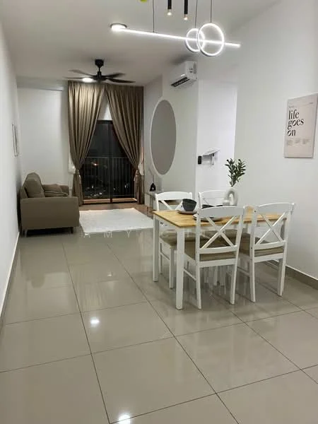 Living features: cream painted walls, glossy tile flooring, 5-blade ceiling fan with light, sofa in beige, dining table with white chairs, decorative wall art, curtains in beige, floor-to-ceiling windows, balcony access, recessed lighting; style: modern; view: city.