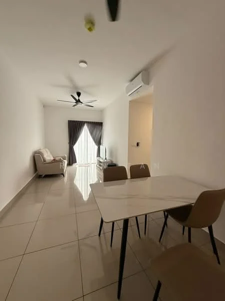Living features: white painted walls, glossy ceramic tile flooring, 5-blade ceiling fan with light, recessed downlights, sofa in light fabric, TV console, wall-mounted TV, dining table with marble top, 4 dining chairs, curtains in dark fabric, sliding glass door, natural light from window; style: modern.
