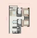 Floor plan: 2-bedroom 1-bathroom unit; features: open-plan kitchen-dining-living, master bedroom with ensuite bathroom, bedroom 2 with shared bathroom, balcony off living room, utility room, laundry area, central foyer, 1 car porch.