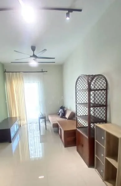 Living features: cream painted walls, glossy tile flooring, 5-blade ceiling fan with light, sofa with wooden frame, glass coffee table, floor-to-ceiling windows with sheer curtains, wooden shelving unit, wooden side table, TV console, natural light from window; style: modern.