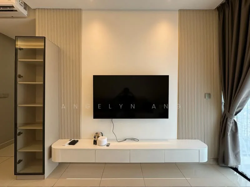 Living features: white wall-mounted TV unit, black flat-screen TV, cream-colored wall with vertical paneling, light grey tiled flooring, floor-to-ceiling window with sheer curtains, air conditioning unit, decorative items on TV unit, dark grey curtains; style: modern.