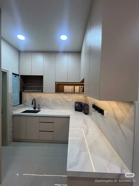 Kitchen features: single-bowl stainless-steel sink, black gooseneck faucet, white marble countertop, light grey cabinetry with flat-panel doors, built-in oven, microwave, recessed LED downlights, ceramic tile flooring, wall-mounted cabinets, open shelving, backlit countertop, window above sink; style: modern.