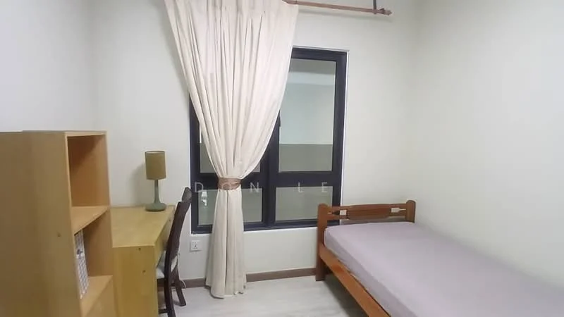 Bedroom features: single bed, light grey mattress, wooden bed frame, wooden study desk, black chair, built-in bookshelf, floor-to-ceiling window, sheer curtains, light-colored painted walls, laminate flooring; style: modern.