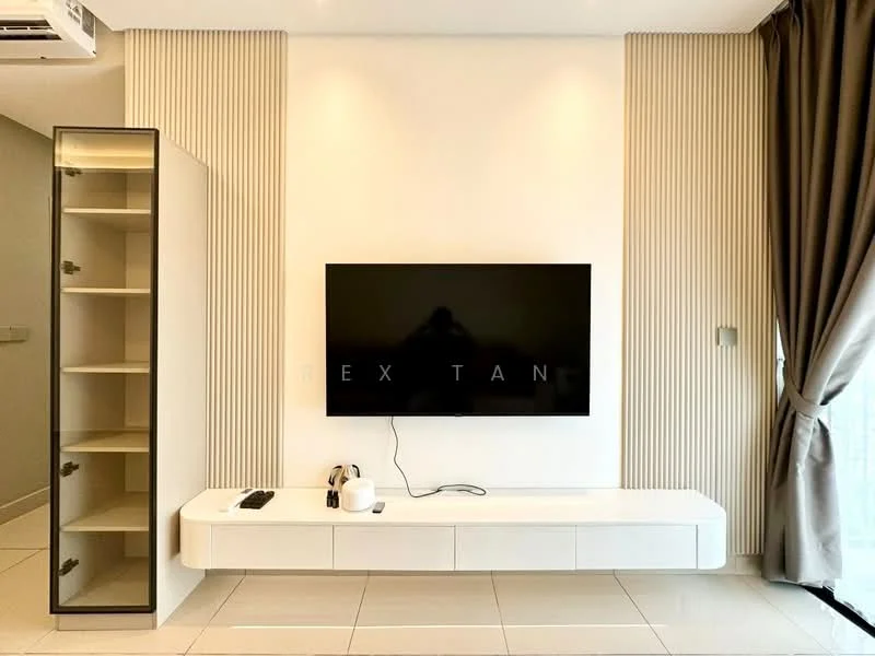 Living features: wall-mounted TV, white low-profile TV console, built-in shelving unit with glass door, light grey accent wall, cream tiled flooring, floor-to-ceiling windows, sheer curtains, recessed downlights, air conditioning unit; style: modern.