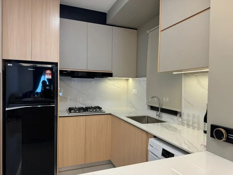 Kitchen features: black fridge, built-in oven, 4-burner gas hob, single-bowl stainless-steel sink, chrome pull-down faucet, white quartz countertop, light wood cabinetry, marble backsplash, under-cabinet lighting, dishwasher, glassware on countertop; style: modern.