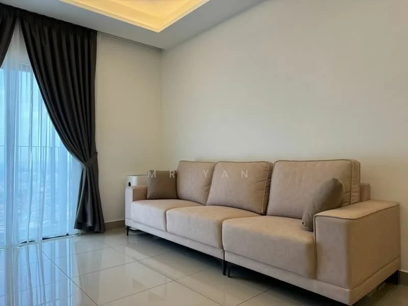 Living features: 3-seater fabric sofa in beige, floor-to-ceiling windows, sheer curtains, white painted walls, glossy tile flooring, recessed downlights, decorative ceiling with cove lighting; style: modern; view: city.