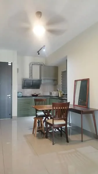 Kitchen features: green cabinetry, stainless-steel sink, built-in stove with hood, microwave, kettle, refrigerator, dining table with four wooden chairs, pendant light, wall-mounted split AC, ceramic tile flooring, neutral painted walls, window with blinds; style: modern.