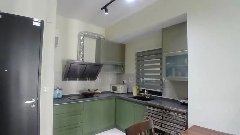 Kitchen features: green cabinetry, grey countertop, stainless-steel range hood, built-in microwave, kitchen sink, chrome faucet, glass-front upper cabinets, sliding window, stainless-steel stove, wooden dining table, wooden dining chairs, exposed ducting, tile flooring, recessed lighting; style: modern.