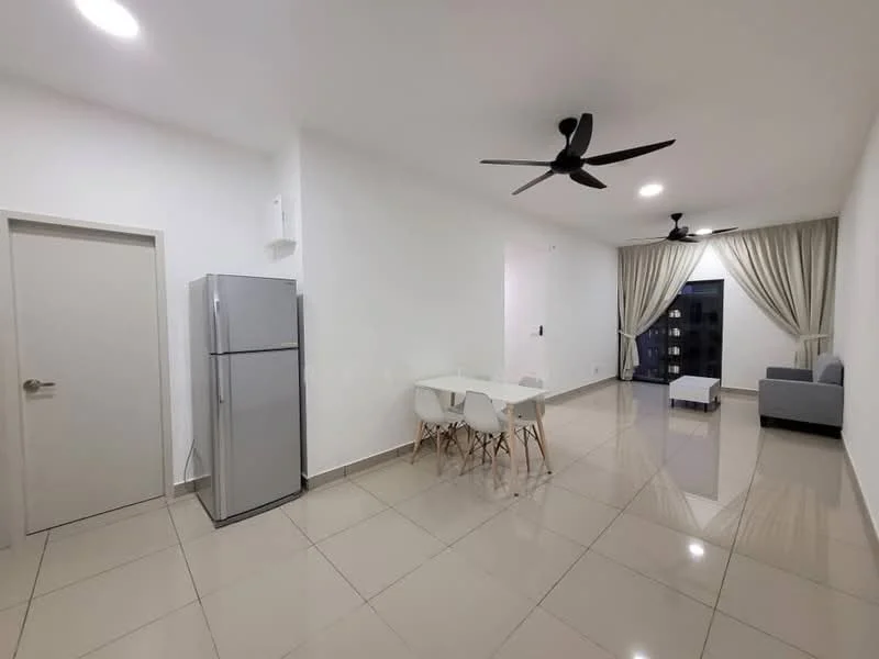 Living features: white painted walls, glossy tile flooring, 2 ceiling fans, sofa, coffee table, dining table with 4 chairs, refrigerator, curtains, floor-to-ceiling windows; style: modern.