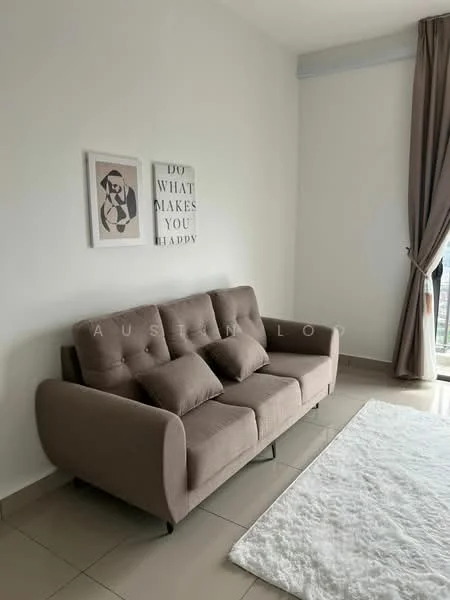 Living features: 3-seater fabric sofa in beige, decorative cushions, framed artwork on walls, white painted walls, floor-to-ceiling windows, curtains in light brown, tile flooring, natural light from window; style: modern; view: city.