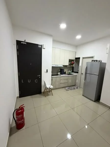 Kitchen features: white cabinetry, grey countertop, stainless-steel fridge, built-in oven, ceramic tile flooring, recessed downlights, single-bowl stainless-steel sink, chrome pull-down faucet, wall-mounted fire extinguisher, dining chair, kitchen utensils on countertop; style: modern.