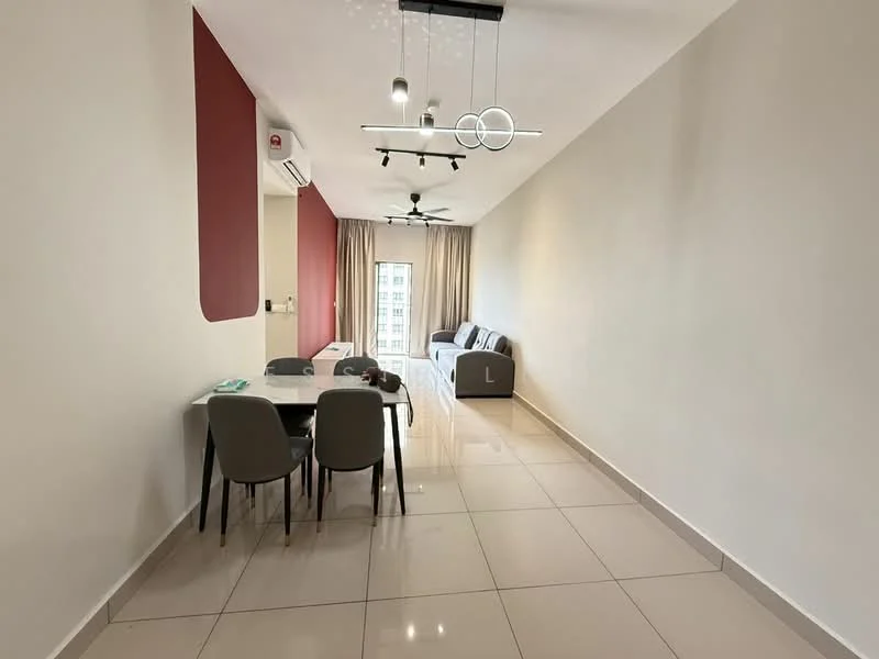Living features: white painted walls, grey accent wall, glossy tile flooring, 5-blade ceiling fan with light, recessed LED downlights, sofa in grey, dining table for 4, upholstered dining chairs, floor-to-ceiling windows, curtains, decorative light fixture; style: modern; view: city.