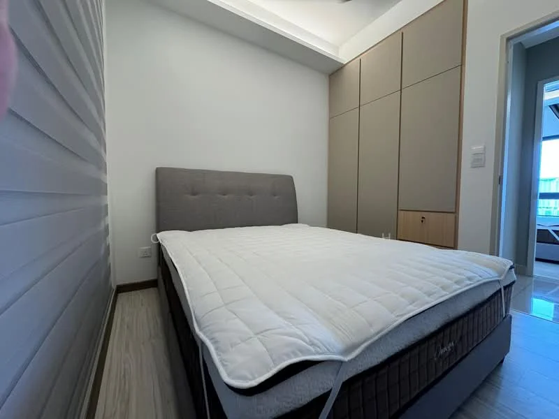 Bedroom features: queen-size bed, upholstered headboard, built-in wardrobe with sliding doors, white painted walls, wooden flooring, recessed ceiling lights, window with sheer curtains; style: modern.