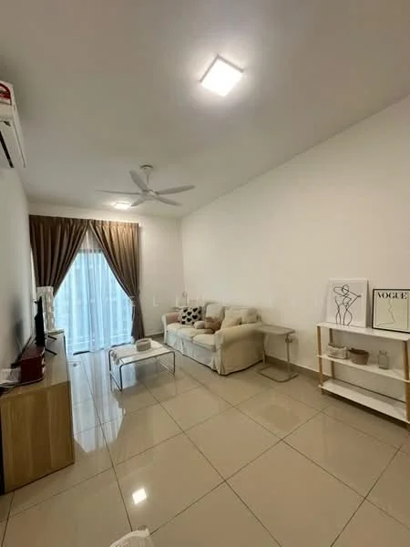 Living features: cream painted walls, glossy ceramic tile flooring, 5-blade ceiling fan with light, sofa in light beige, throw pillows on sofa, coffee table with glass top, TV console, wall-mounted TV, curtains in brown, sliding glass door, decorative wall art, open shelving unit; style: modern.