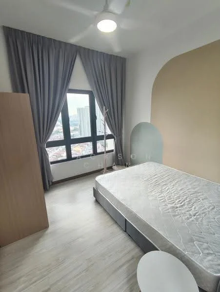 Bedroom features: queen-size bed, light grey bedding, floor-to-ceiling window, grey curtains, wooden wardrobe, light wood flooring, white painted walls, accent wall with curved design, ceiling fan; style: modern; view: city.