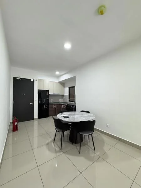 Dining features: round dining table, black dining chairs, white walls, grey tiled flooring, recessed downlights, black refrigerator, kitchen cabinetry, countertop, fire extinguisher, open layout; style: modern. Kitchen features: kitchen cabinetry, countertop, black refrigerator, grey tiled flooring; style: modern.