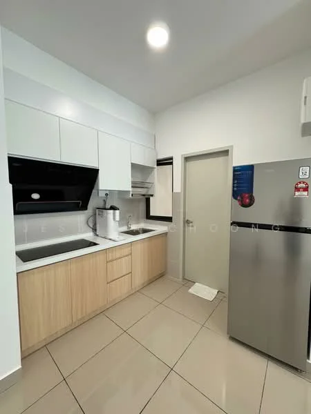 Kitchen features: white upper cabinets, wood lower cabinets, stainless-steel fridge, built-in oven, ceramic cooktop, single-bowl stainless-steel sink, chrome pull-down faucet, white tiled backsplash, light-colored countertop, recessed downlights, cream-colored walls, tile flooring; style: modern.