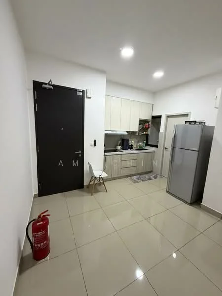 Kitchen features: white cabinets, grey countertop, stainless-steel fridge, built-in sink, single-bowl stainless-steel sink, chrome pull-down faucet, ceramic tile flooring, recessed downlights, fire extinguisher, wall-mounted intercom, kitchen appliances, small dining chair; style: modern.